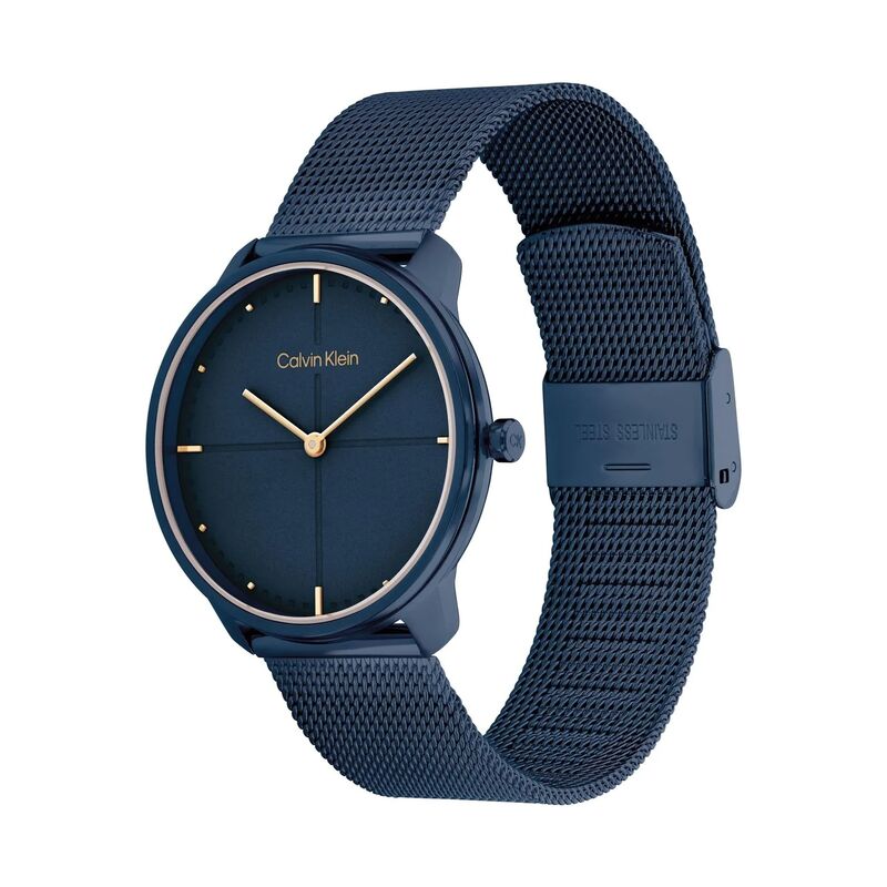 25200160 שעון קלווין קליין כחול לאישה מדגמי 2024 | רצועת רשת אופנתית ומחוגי זהב | שנתיים אחריות | Calvin Klein Quartz Watch Women with Blue Stainless Steel Mesh Bracelet 25200160