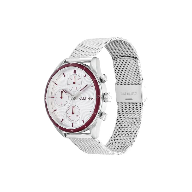 25200174 שעון קלווין קליין דגמים חדשים לנשים | דגם כרונוגרף ספורטיבי בלוח לבן כולל תאריכון | שנתיים אחריות |CALVIN KLEIN Sport Multi-Function Silver Stainless Steel Analog Watch For Women 25200174
