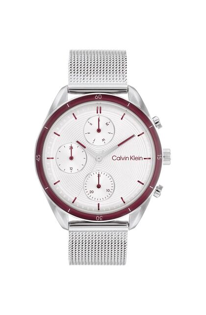 25200174 שעון קלווין קליין דגמים חדשים לנשים | דגם כרונוגרף ספורטיבי בלוח לבן כולל תאריכון | שנתיים אחריות |CALVIN KLEIN Sport Multi-Function Silver Stainless Steel Analog Watch For Women 25200174