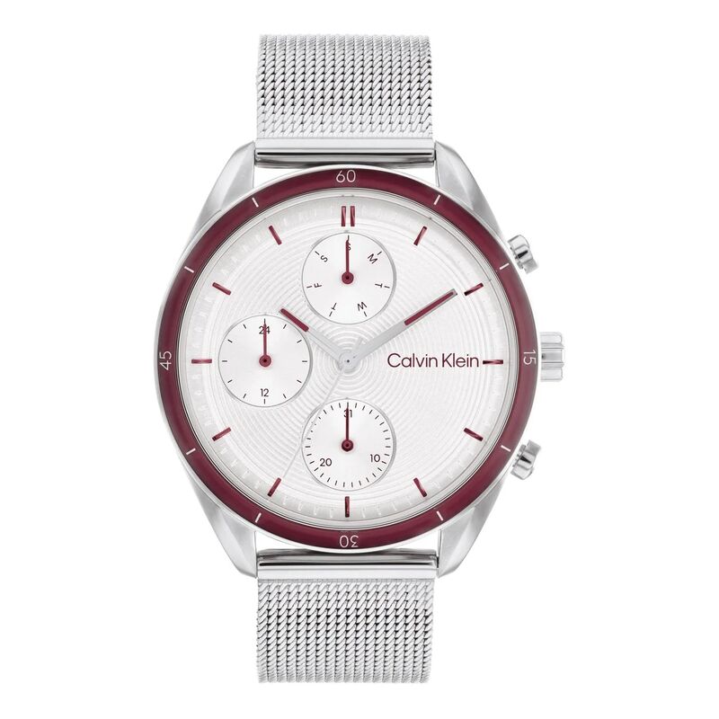 25200174 שעון קלווין קליין דגמים חדשים לנשים | דגם כרונוגרף ספורטיבי בלוח לבן כולל תאריכון | שנתיים אחריות |CALVIN KLEIN Sport Multi-Function Silver Stainless Steel Analog Watch For Women 25200174