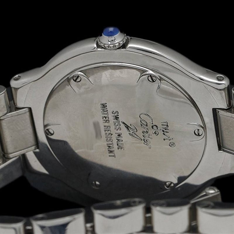 W10109T2 שעון קרטייה מאסט 21 לאישה יד שנייה | ספיר כחולה ומחוגים כחולים בלוח כסוף כולל שנה אחריות | שעוני יוקרה יד 2 |Cartier Midsize W10110T2 Must 21 Stainless Steel Watch