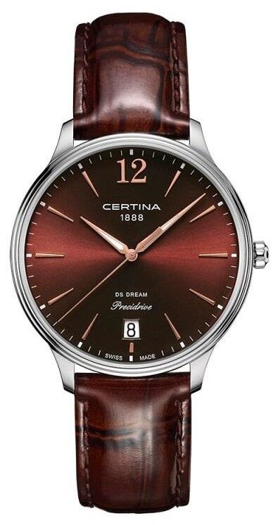 C021.810.16.297.00 שעון סרטינה לנשים שעון גדול ודק | לוח ורצועה בורדו חום | מחוגי זהב זוהרים עם תאריכון | 5 שנים אחריות | Certina C0218101629700 Ds Dream Watch .