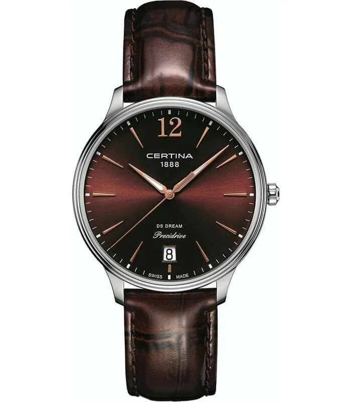 C021.810.16.297.00 שעון סרטינה לנשים שעון גדול ודק | לוח ורצועה בורדו חום | מחוגי זהב זוהרים עם תאריכון | 5 שנים אחריות | Certina C0218101629700 Ds Dream Watch .