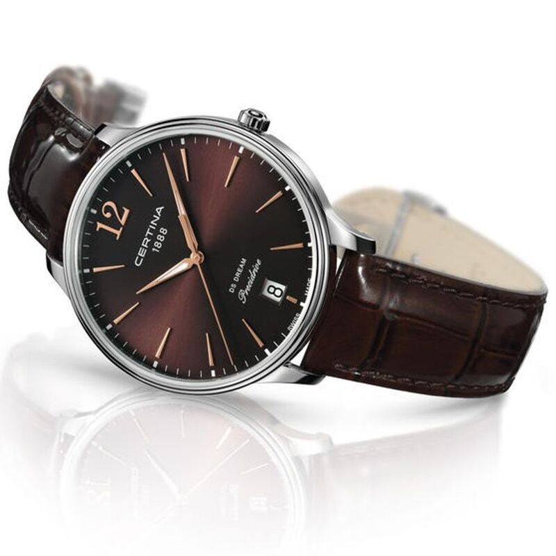 C021.810.16.297.00 שעון סרטינה לנשים שעון גדול ודק | לוח ורצועה בורדו חום | מחוגי זהב זוהרים עם תאריכון | 5 שנים אחריות | Certina C0218101629700 Ds Dream Watch .