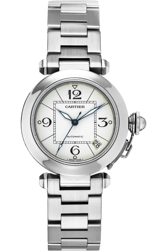 W31074M7 שעון יד קרטייה פאשה יד 2 סט מלא | דגם 35 מ';';מ לוח לבן מרובע | מנגנון אוטומטי | שנה אחריות | Pre-owned Cartier Pasha Quartz Stainless Steel Bracelet Watch, 2324