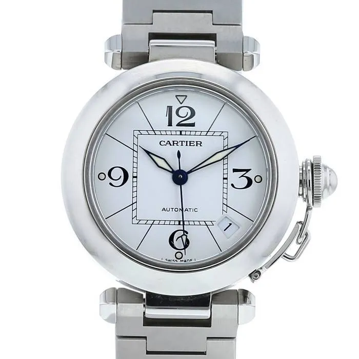 W31074M7 שעון יד קרטייה פאשה יד 2 סט מלא | דגם 35 מ';';מ לוח לבן מרובע | מנגנון אוטומטי | שנה אחריות | Pre-owned Cartier Pasha Quartz Stainless Steel Bracelet Watch, 2324