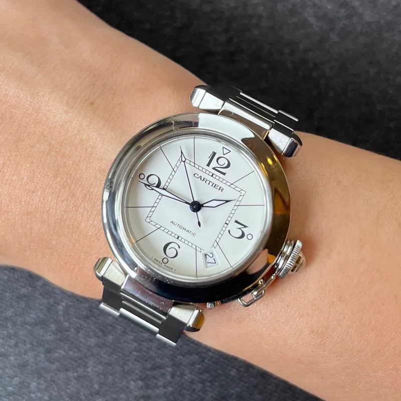 W31074M7 שעון יד קרטייה פאשה יד 2 סט מלא | דגם 35 מ';';מ לוח לבן מרובע | מנגנון אוטומטי | שנה אחריות | Pre-owned Cartier Pasha Quartz Stainless Steel Bracelet Watch, 2324