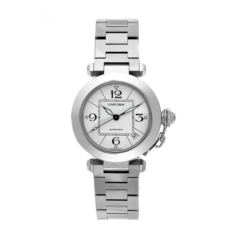 W31074M7 שעון יד קרטייה פאשה יד 2 סט מלא | דגם 35 מ';';מ לוח לבן מרובע | מנגנון אוטומטי | שנה אחריות | Pre-owned Cartier Pasha Quartz Stainless Steel Bracelet Watch, 2324