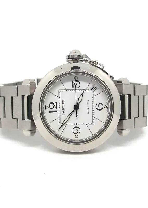 W31074M7 שעון יד קרטייה פאשה יד 2 סט מלא | דגם 35 מ';';מ לוח לבן מרובע | מנגנון אוטומטי | שנה אחריות | Pre-owned Cartier Pasha Quartz Stainless Steel Bracelet Watch, 2324