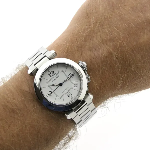 W31074M7 שעון יד קרטייה פאשה יד 2 סט מלא | דגם 35 מ';';מ לוח לבן מרובע | מנגנון אוטומטי | שנה אחריות | Pre-owned Cartier Pasha Quartz Stainless Steel Bracelet Watch, 2324