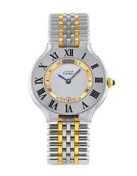 W10074F4 קרטייה מאסט 21 לנשים יד 2 | רצועה משולבת זהב 18K באזל רומי שחור | שנה אחריות | שעון שמור מאד | Cartier Must de Cartier 21 White Women';s Watch - W10074F4
