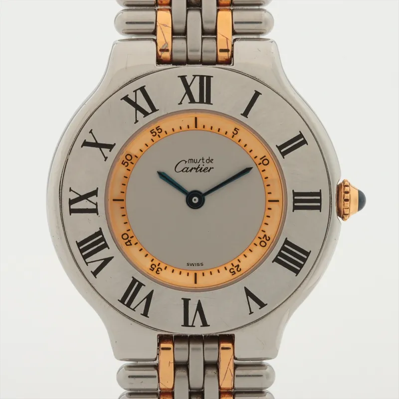W10074F4 קרטייה מאסט 21 לנשים יד 2 | רצועה משולבת זהב 18K באזל רומי שחור | שנה אחריות | שעון שמור מאד | Cartier Must de Cartier 21 White Women';s Watch - W10074F4