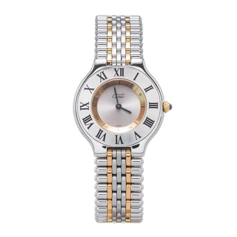 W10074F4 קרטייה מאסט 21 לנשים יד 2 | רצועה משולבת זהב 18K באזל רומי שחור | שנה אחריות | שעון שמור מאד | Cartier Must de Cartier 21 White Women';s Watch - W10074F4