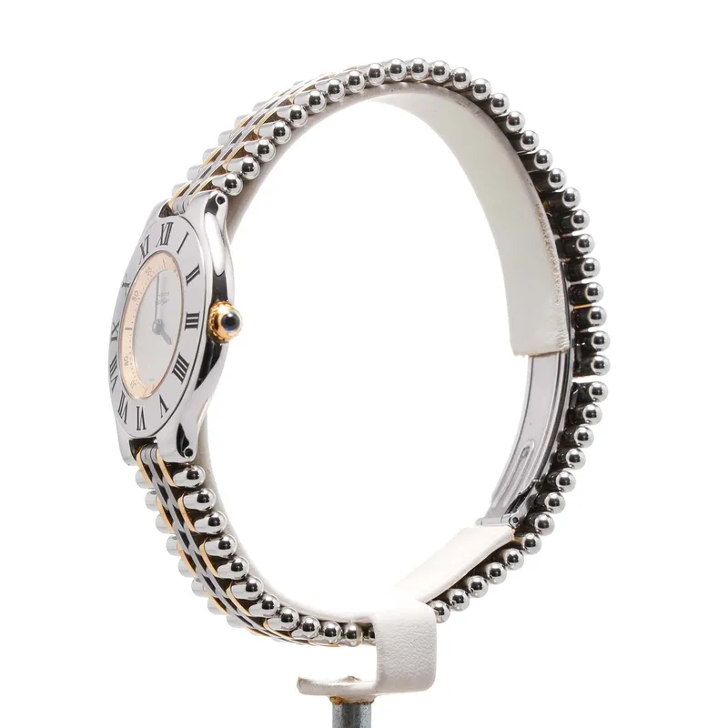 W10074F4 קרטייה מאסט 21 לנשים יד 2 | רצועה משולבת זהב 18K באזל רומי שחור | שנה אחריות | שעון שמור מאד | Cartier Must de Cartier 21 White Women';s Watch - W10074F4