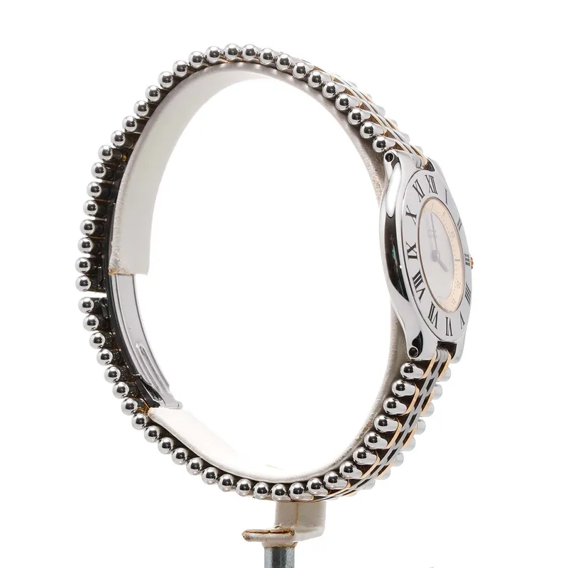 W10074F4 קרטייה מאסט 21 לנשים יד 2 | רצועה משולבת זהב 18K באזל רומי שחור | שנה אחריות | שעון שמור מאד | Cartier Must de Cartier 21 White Women';s Watch - W10074F4