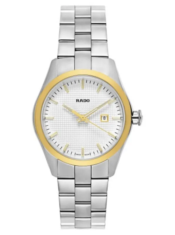 R32975123 שעון נשים של ראדו שוויץ | שעון עם באזל זהב לוח לבן מיוחד ורצועה משולבת קרמיקה | שעוני יוקרה לנשים | כולל שנתיים אחריות | מלאי מוגבל | Rado HyperChrome Womens R32975123