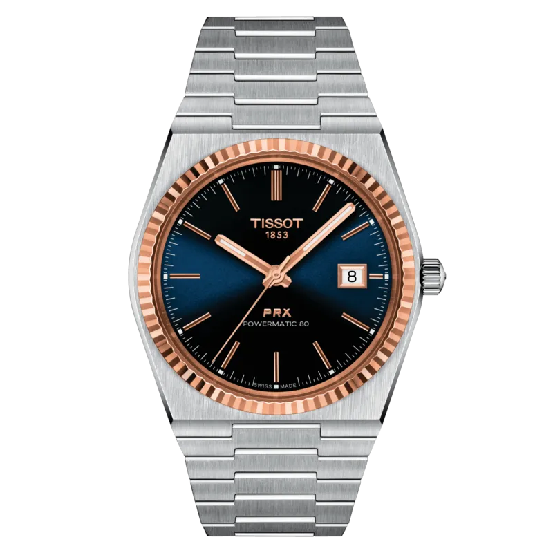 T931.407.41.041.00 שעון טיסו מיוחד לגברים | באזל זהב 18K בלוח כחול מיוחד | מנגנון אוטומטי 80 שעות | מלאי מוגבל | 3 שנים אחריות | Tissot PRX Powermatic 80 Steel & 18K Gold Bezel T9314074104100