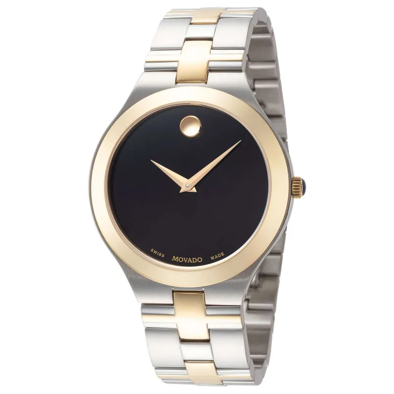0607443 שעון מובאדו שוויץ יוקרתי לגברים | דגם אלגנטי בלוח | רצועה משולבת זהב | שנתיים אחריות | Movado 0607443 Juro Two-Toned with Black Dial Men';s