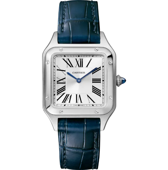 WSSA0023 שעון קרטייה סנטוס דומונד פלדה מידה סול | רצועת עור כחולה | 8 שנים אחריות בינלאומית | מלאי מוגבל | Santos-Dumont Small Model Quartz Silver Dial Ladies Watch WSSA0023 by Cartier