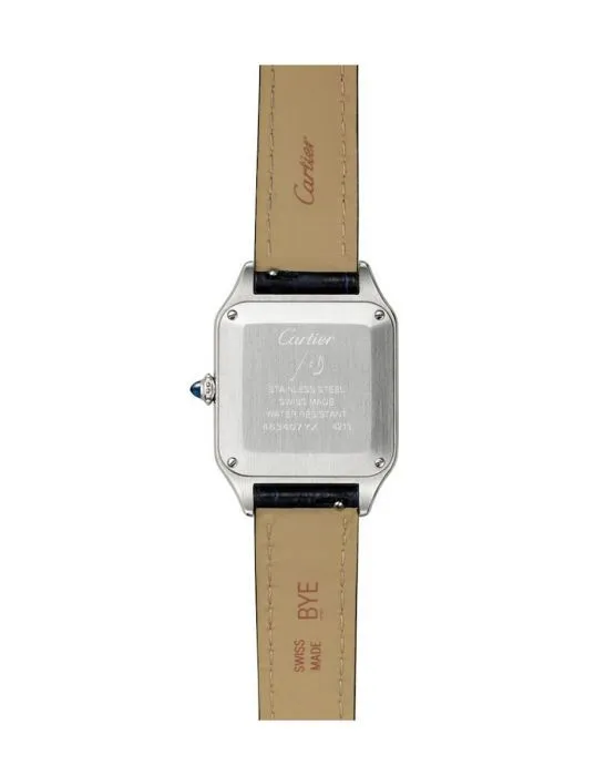 WSSA0023 שעון קרטייה סנטוס דומונד פלדה מידה סול | רצועת עור כחולה | 8 שנים אחריות בינלאומית | מלאי מוגבל | Santos-Dumont Small Model Quartz Silver Dial Ladies Watch WSSA0023 by Cartier