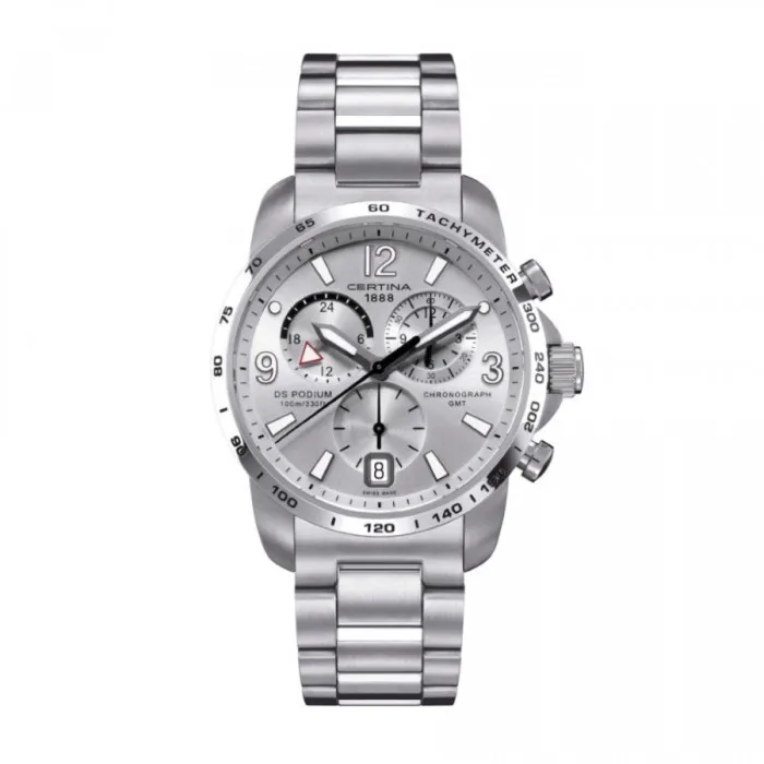 C001.639.11.037.00 שעון סרטינה לגברים מסדרת פודים GMT | דגם כרונוגרף ספורטיבי אלגנטי עם 5 שנים אחריות | Certina DS Podium GMT Silver Dial Men';s Watch C0016391103700