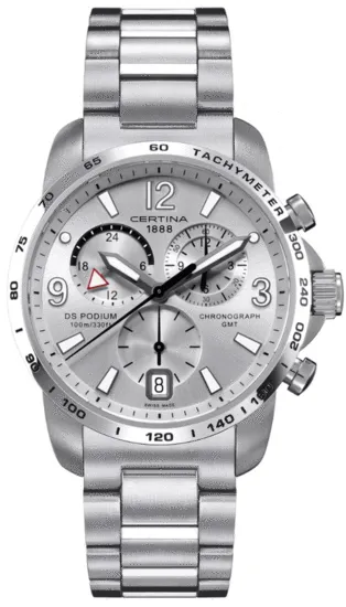 C001.639.11.037.00 שעון סרטינה לגברים מסדרת פודים GMT | דגם כרונוגרף ספורטיבי אלגנטי עם 5 שנים אחריות | Certina DS Podium GMT Silver Dial Men';s Watch C0016391103700