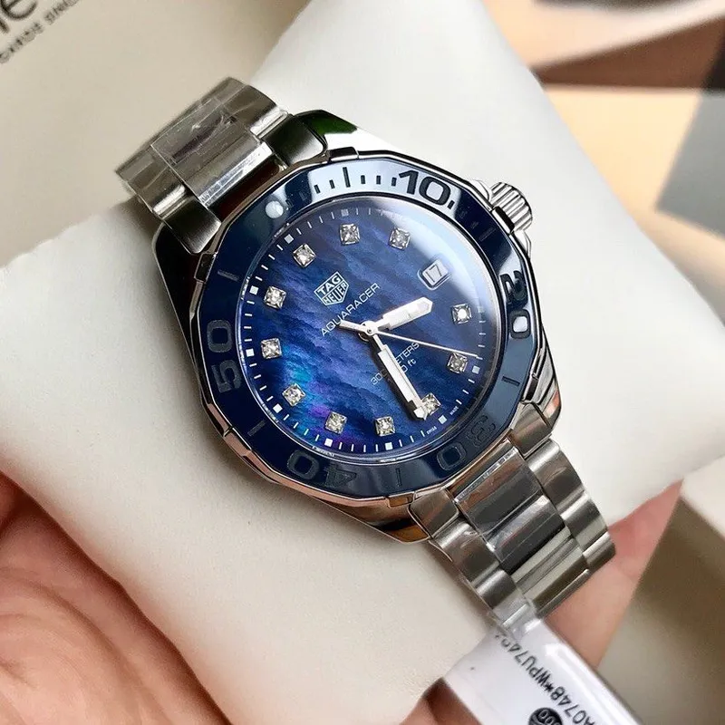 WAY131L.BA0748 שעון טאג הויאר אקוורייסר לנשים | דגם בלוח פנינה כחול מיוחד משובץ 11 יהלומים | 300 מטר | שנתיים אחריות | TAG Heuer Aquaracer Quartz 35mm Ladies Watch Blue