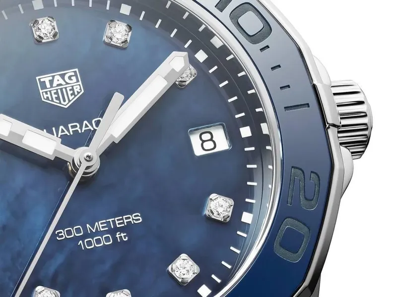 WAY131L.BA0748 שעון טאג הויאר אקוורייסר לנשים | דגם בלוח פנינה כחול מיוחד משובץ 11 יהלומים | 300 מטר | שנתיים אחריות | TAG Heuer Aquaracer Quartz 35mm Ladies Watch Blue