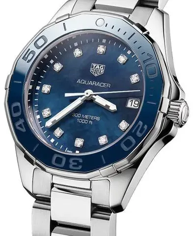 WAY131L.BA0748 שעון טאג הויאר אקוורייסר לנשים | דגם בלוח פנינה כחול מיוחד משובץ 11 יהלומים | 300 מטר | שנתיים אחריות | TAG Heuer Aquaracer Quartz 35mm Ladies Watch Blue