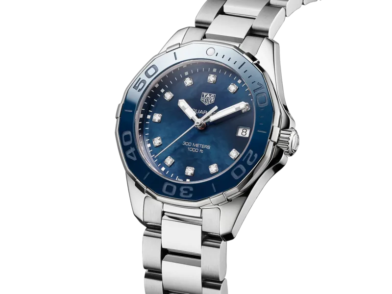 WAY131L.BA0748 שעון טאג הויאר אקוורייסר לנשים | דגם בלוח פנינה כחול מיוחד משובץ 11 יהלומים | 300 מטר | שנתיים אחריות | TAG Heuer Aquaracer Quartz 35mm Ladies Watch Blue