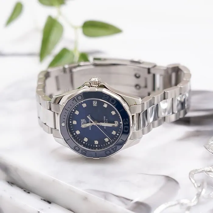 WAY131L.BA0748 שעון טאג הויאר אקוורייסר לנשים | דגם בלוח פנינה כחול מיוחד משובץ 11 יהלומים | 300 מטר | שנתיים אחריות | TAG Heuer Aquaracer Quartz 35mm Ladies Watch Blue