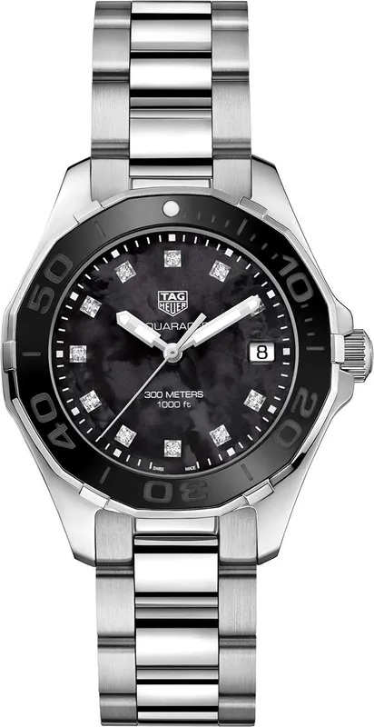 WAY131M.BA0748 שעון טאג הויאר לנשים משובץ 11 יהלומים לוח שחור פנינה | דגם 300 מטר מסדרת אקווה רייסר | שנתיים אחריות | TAG Heuer Aquaracer Lady Black/Steel ?35 mm,model WAY131M.BA0748
