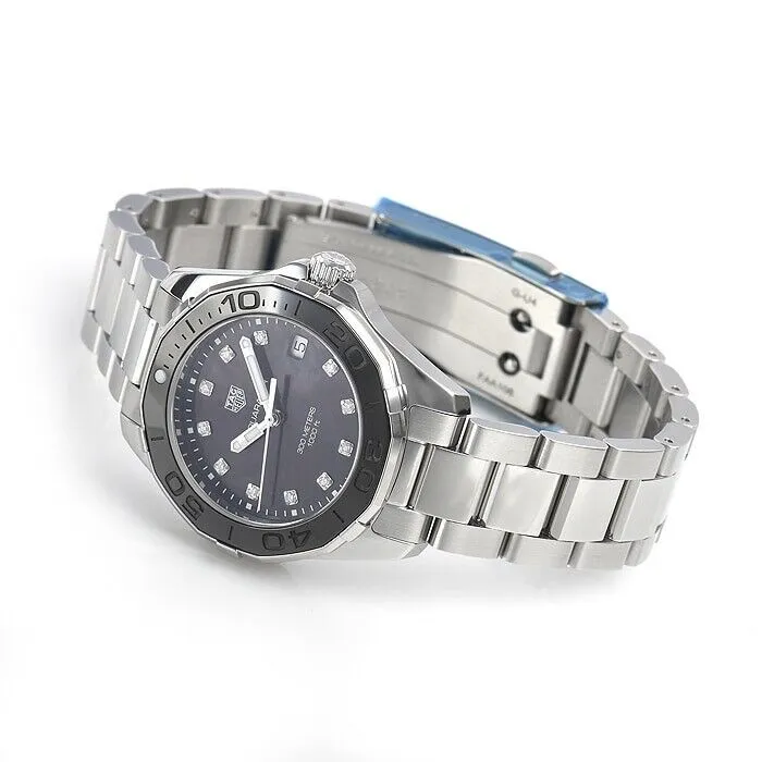 WAY131M.BA0748 שעון טאג הויאר לנשים משובץ 11 יהלומים לוח שחור פנינה | דגם 300 מטר מסדרת אקווה רייסר | שנתיים אחריות | TAG Heuer Aquaracer Lady Black/Steel ?35 mm,model WAY131M.BA0748