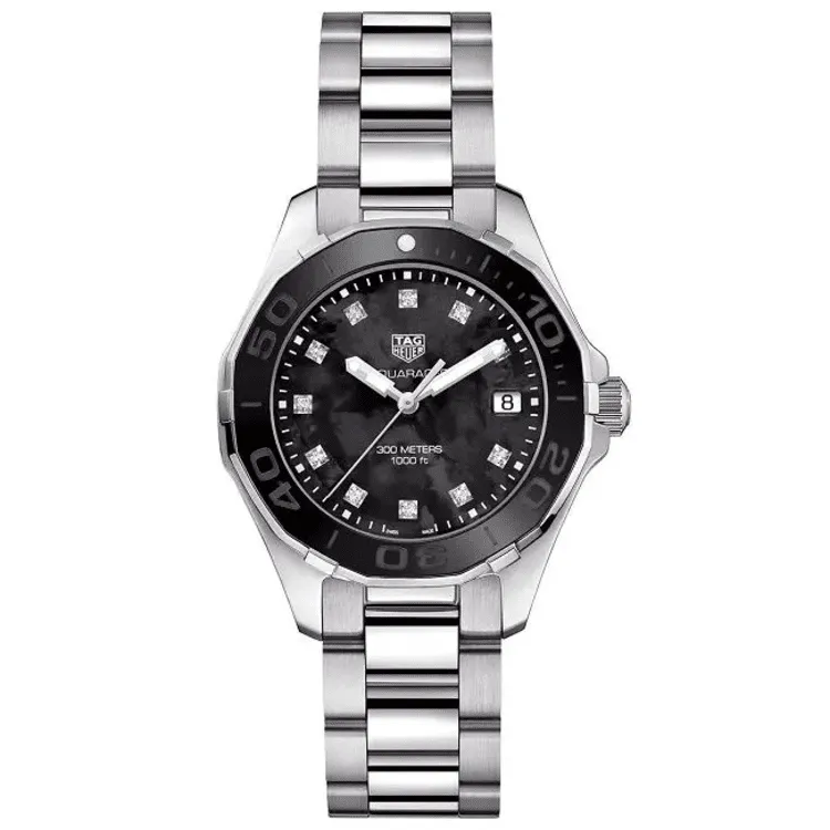 WAY131M.BA0748 שעון טאג הויאר לנשים משובץ 11 יהלומים לוח שחור פנינה | דגם 300 מטר מסדרת אקווה רייסר | שנתיים אחריות | TAG Heuer Aquaracer Lady Black/Steel ?35 mm,model WAY131M.BA0748