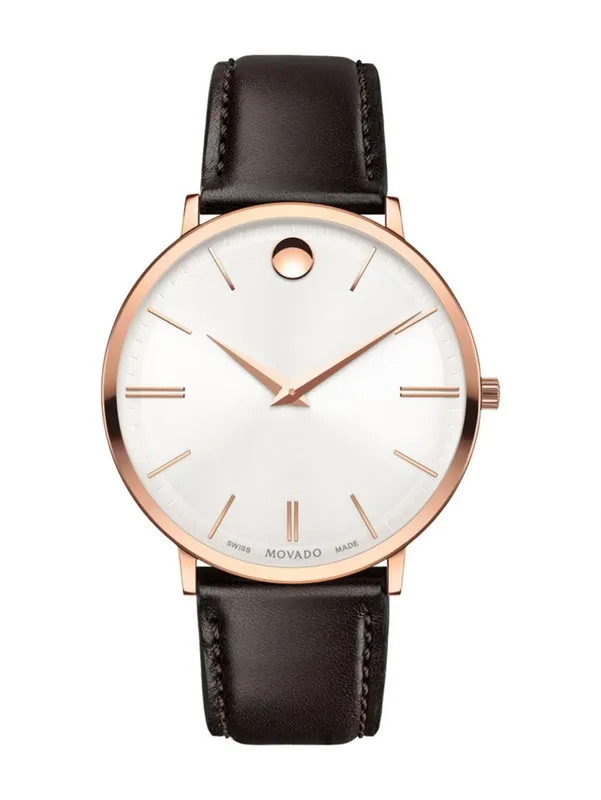 0607093 שעון יד מובאדו רוז גולד לנשים דגם אולטרה סלים דק במיוחד | שעון אלגנטי ברצועת עור חומה | שנתיים אחריות יבואן רשמי | מלאי מוגבל | Movado 0607093 Ladies Ultra Slim Silver Dial Brown