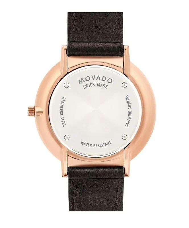 0607093 שעון יד מובאדו רוז גולד לנשים דגם אולטרה סלים דק במיוחד | שעון אלגנטי ברצועת עור חומה | שנתיים אחריות יבואן רשמי | מלאי מוגבל | Movado 0607093 Ladies Ultra Slim Silver Dial Brown