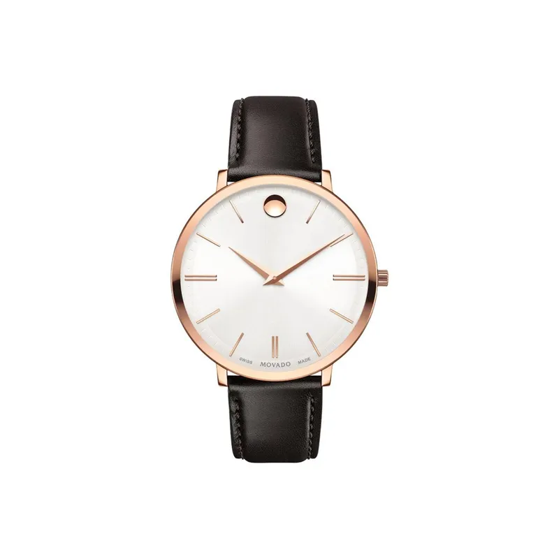 0607093 שעון יד מובאדו רוז גולד לנשים דגם אולטרה סלים דק במיוחד | שעון אלגנטי ברצועת עור חומה | שנתיים אחריות יבואן רשמי | מלאי מוגבל | Movado 0607093 Ladies Ultra Slim Silver Dial Brown