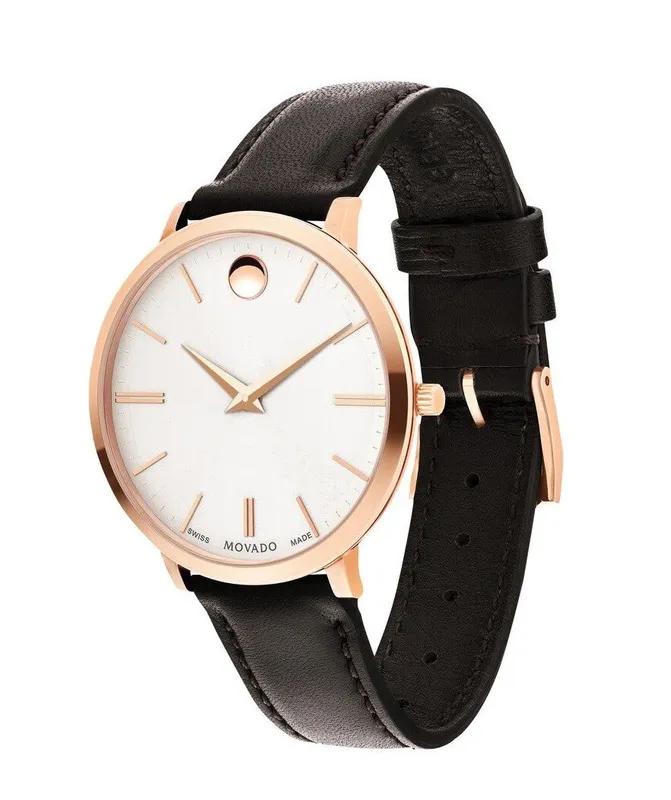 0607093 שעון יד מובאדו רוז גולד לנשים דגם אולטרה סלים דק במיוחד | שעון אלגנטי ברצועת עור חומה | שנתיים אחריות יבואן רשמי | מלאי מוגבל | Movado 0607093 Ladies Ultra Slim Silver Dial Brown