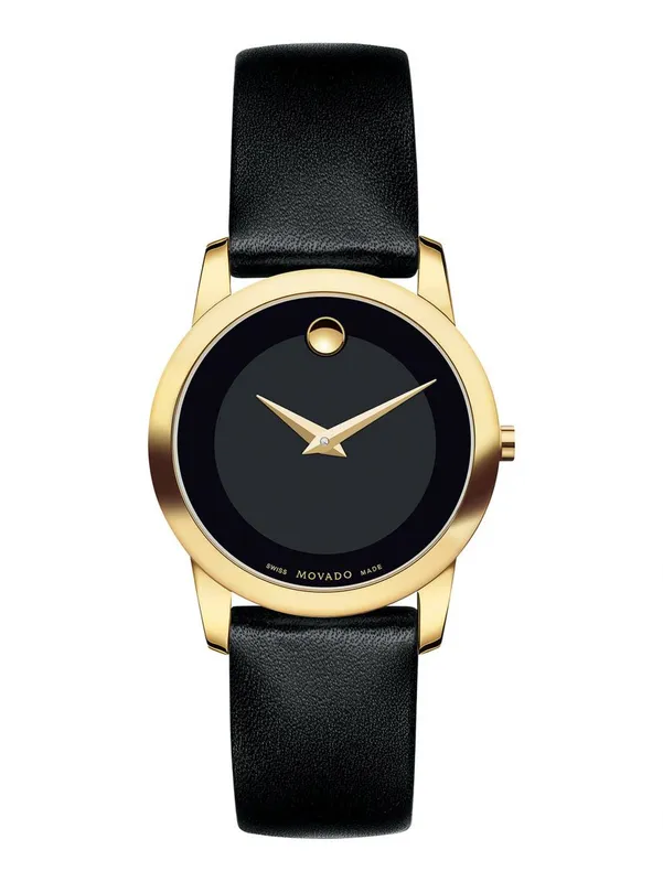 0606877 שעון מובאדו לאישה ברצועת עור | דגם זהב בלוח שחור נקי קלאסי ואלגנטי | מלאי מוגבל | שנתיים אלריות יבואן רשמי | Movado Museum Dial Gold tone case on Black Leather strap 28mm 0606877