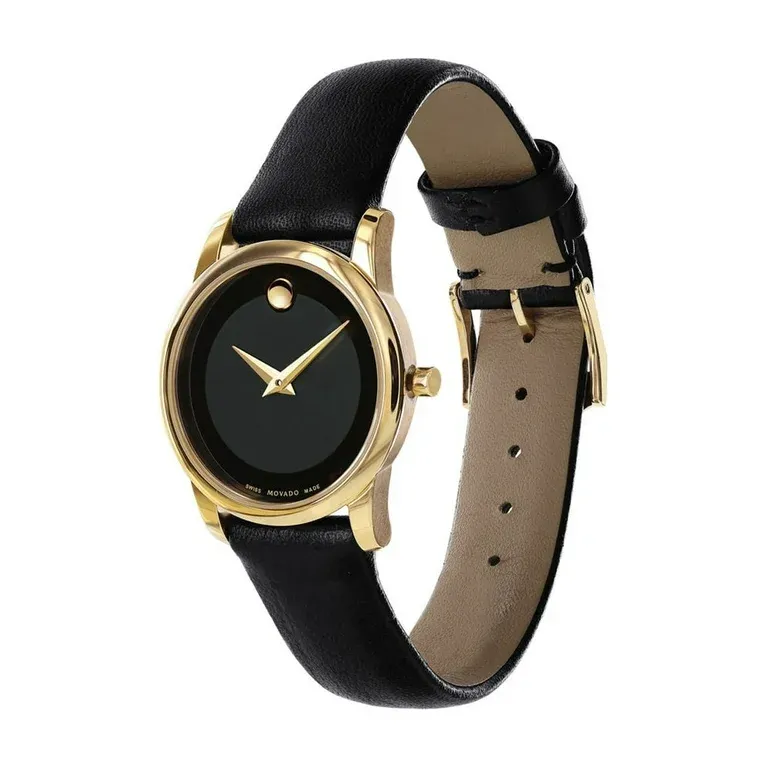 0606877 שעון מובאדו לאישה ברצועת עור | דגם זהב בלוח שחור נקי קלאסי ואלגנטי | מלאי מוגבל | שנתיים אלריות יבואן רשמי | Movado Museum Dial Gold tone case on Black Leather strap 28mm 0606877