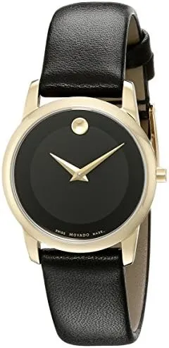 0606877 שעון מובאדו לאישה ברצועת עור | דגם זהב בלוח שחור נקי קלאסי ואלגנטי | מלאי מוגבל | שנתיים אלריות יבואן רשמי | Movado Museum Dial Gold tone case on Black Leather strap 28mm 0606877