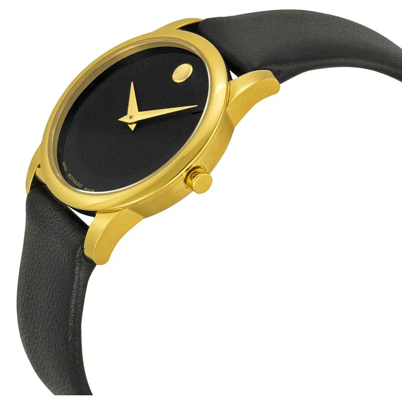 0606877 שעון מובאדו לאישה ברצועת עור | דגם זהב בלוח שחור נקי קלאסי ואלגנטי | מלאי מוגבל | שנתיים אלריות יבואן רשמי | Movado Museum Dial Gold tone case on Black Leather strap 28mm 0606877