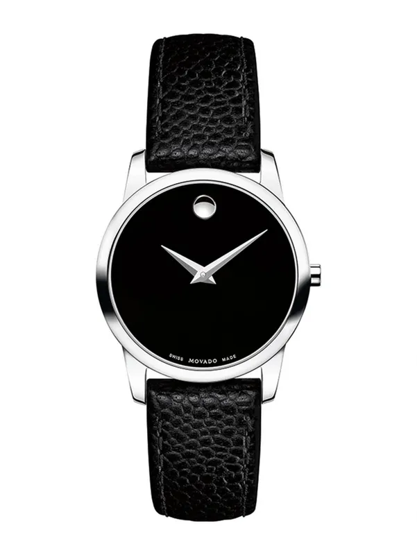 0607015 שעון מובאדו כסוף מסדרת מוזיאון בלוח שחור אלגנטי עם רצועת עור שחורה | שנתיים אחריות | Movado Museum Classic Black Dial Black Leather Ladies 0607015