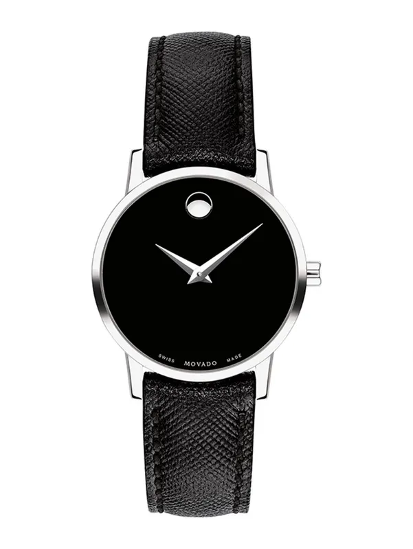 0607204 שעון מובאדו לנשים דגם ברצועת עור שחורה לוח שחור מסדרת מוזיאון | שנתיים אחריות יבואן רשמי | Movado Women';s Museum 28mm Black Leather Band Steel Case Quartz Watch 0607204
