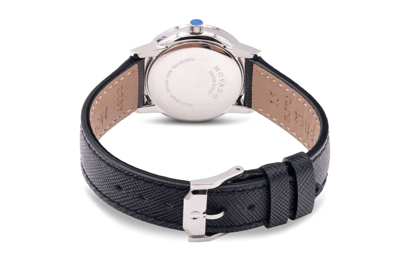 0607204 שעון מובאדו לנשים דגם ברצועת עור שחורה לוח שחור מסדרת מוזיאון | שנתיים אחריות יבואן רשמי | Movado Women';s Museum 28mm Black Leather Band Steel Case Quartz Watch 0607204