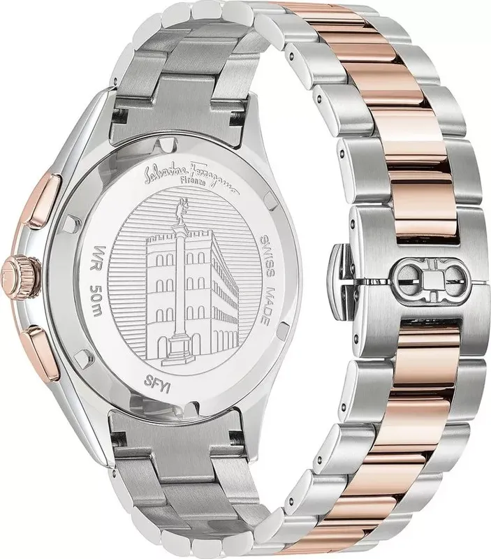 SFYI00421 שעון סבטורה פרגמו שוויץ | דגם מושלם לגברים בשילוב צבעים מיוחד של רוז גולד ולוח כחול |שעון כרונוגרף כולל שנתיים אחריות | שעוני יוקרה לגבר במבצע | Mens Stainless Steel Salvatore Ferragamo Watc