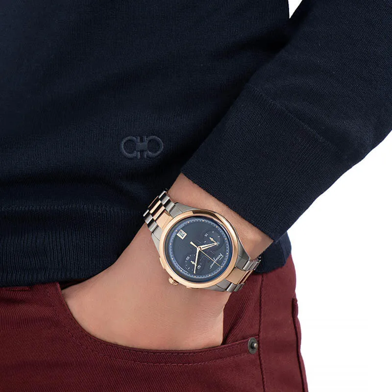 SFYI00421 שעון סבטורה פרגמו שוויץ | דגם מושלם לגברים בשילוב צבעים מיוחד של רוז גולד ולוח כחול |שעון כרונוגרף כולל שנתיים אחריות | שעוני יוקרה לגבר במבצע | Mens Stainless Steel Salvatore Ferragamo Watc