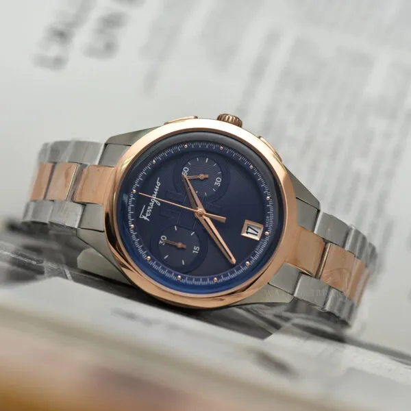 SFYI00421 שעון סבטורה פרגמו שוויץ | דגם מושלם לגברים בשילוב צבעים מיוחד של רוז גולד ולוח כחול |שעון כרונוגרף כולל שנתיים אחריות | שעוני יוקרה לגבר במבצע | Mens Stainless Steel Salvatore Ferragamo Watc