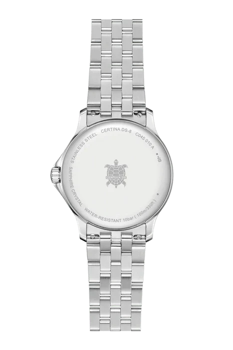 C045.010.11.051.00 שעון סרטינה די אס 8 מהסדרה חדשה לנשים | לוח שחור עם תאריכון | רצועת פלדת אל חלד | 5 שנים אחריות יבואן רשמי | CERTINA DS-8 31mm Ladies Watch C0450101105100