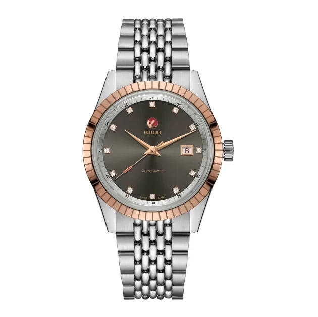 R-61003070 שעון מיוחד של ראדו יבואן רשמי | דגם הייפרכרום באזל זהב רוז | מנגנון אוטומטי | לוח אפור משובץ 12 יהלומים עם 5 שנים אחריות | מלאי מוגבל | Rado HyperChrome Classic Automatic Diamonds R33100703